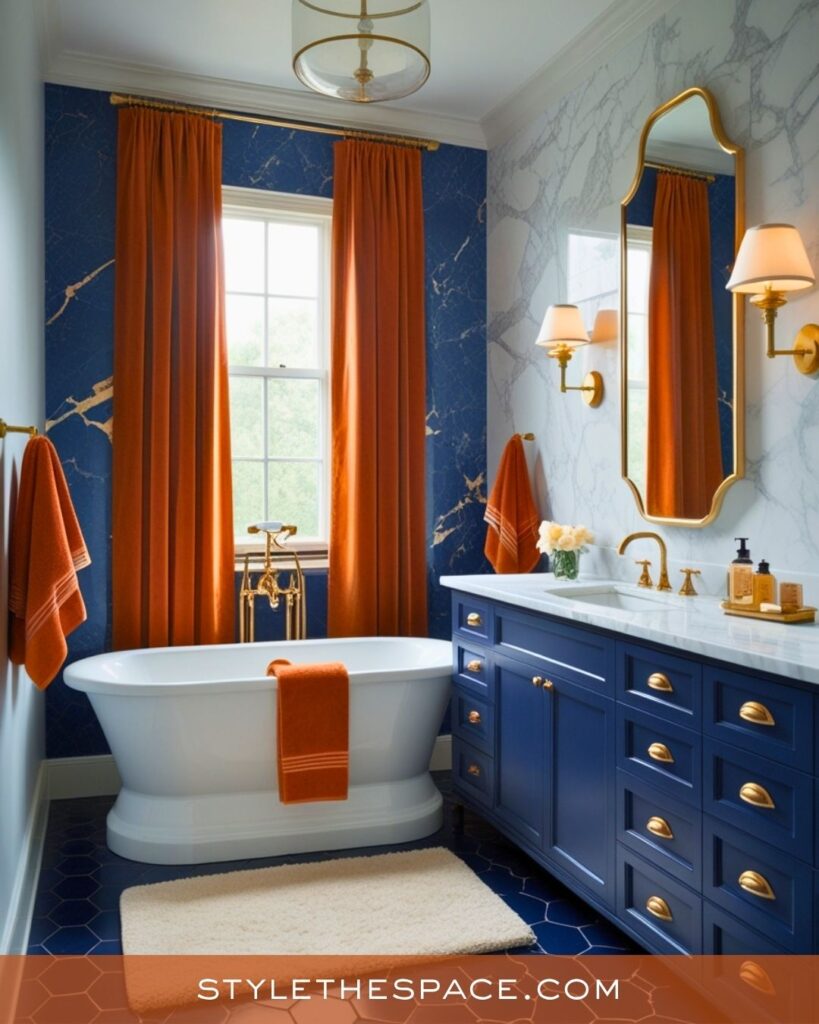 navy blue and burnt orange bathroom