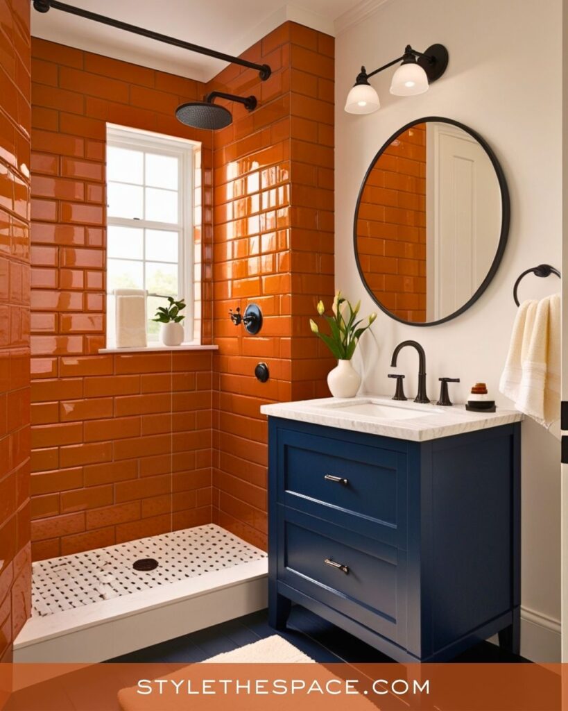 navy blue and burnt orange bathroom