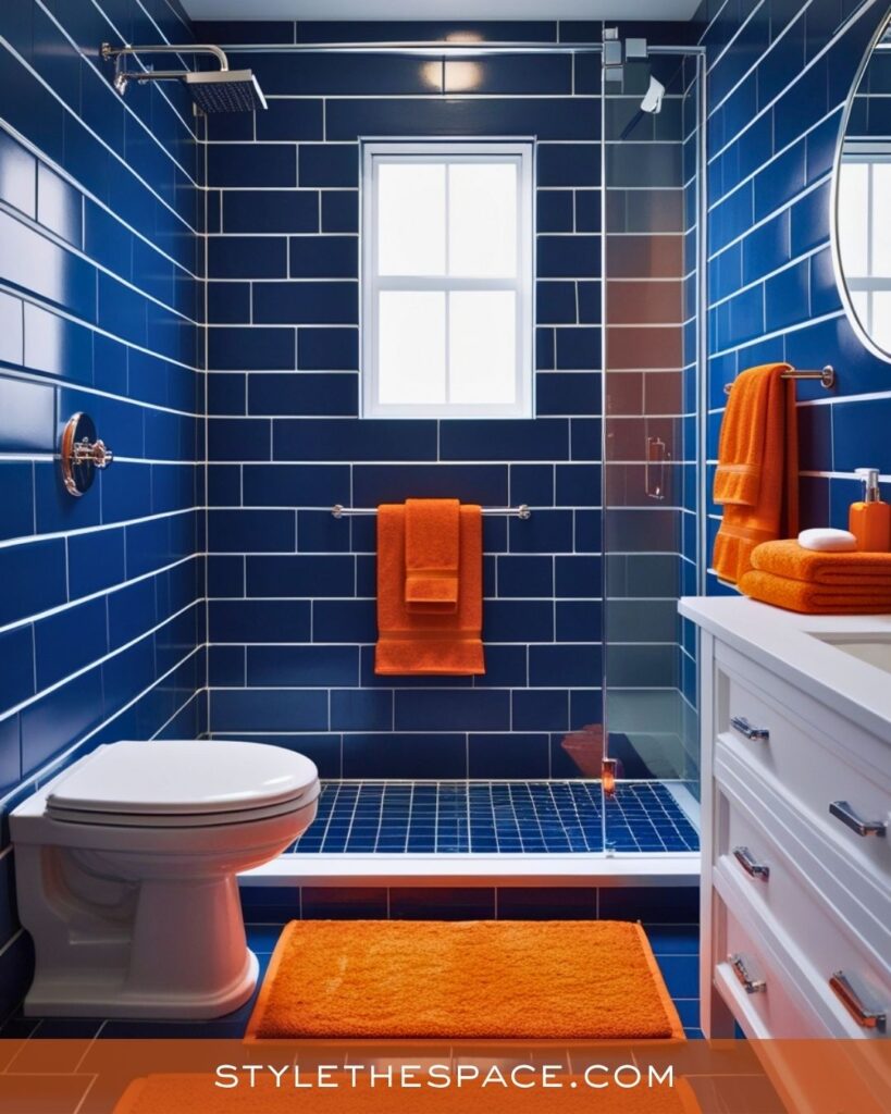 navy blue and burnt orange bathroom