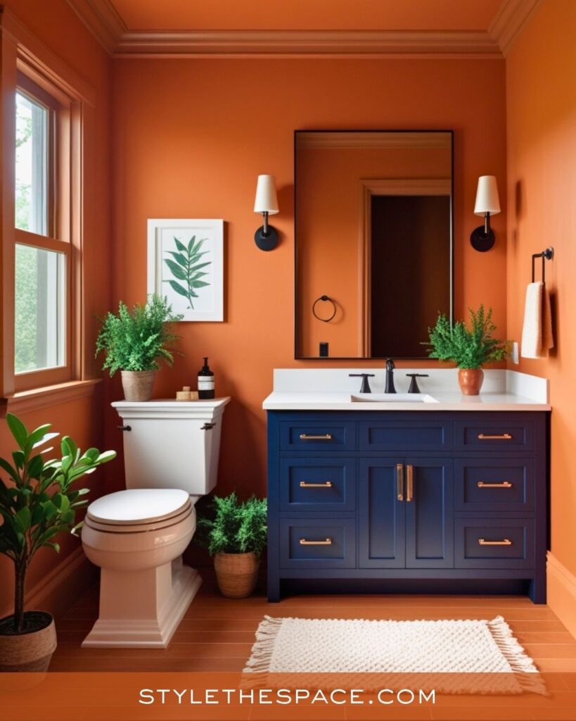 navy blue and burnt orange bathroom