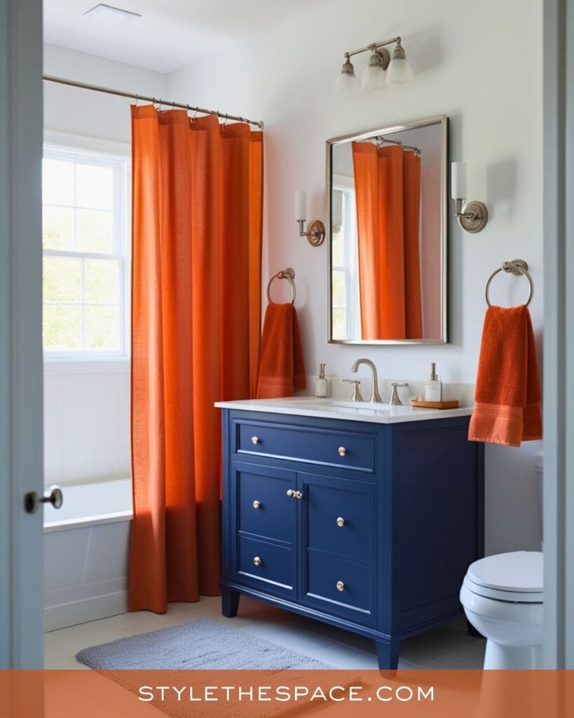 navy blue and burnt orange bathroom