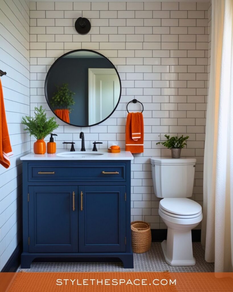 navy blue and burnt orange bathroom