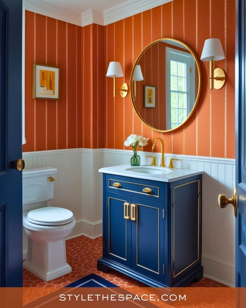 navy blue and burnt orange bathroom