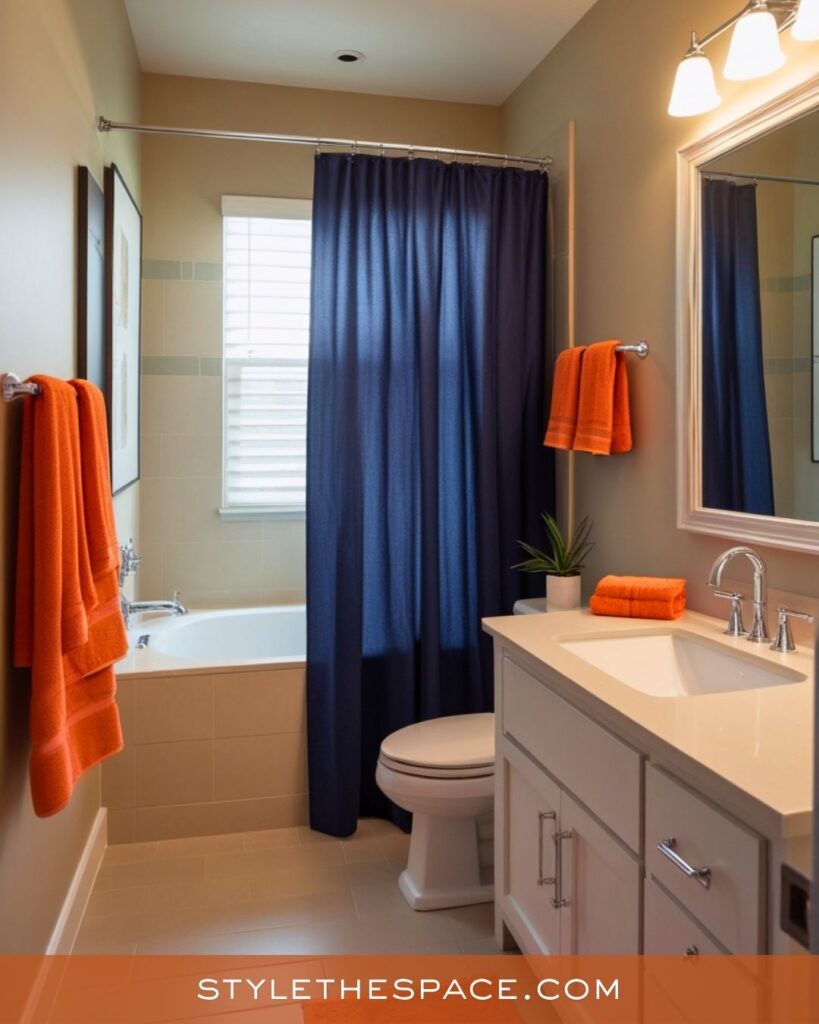 navy blue and burnt orange bathroom