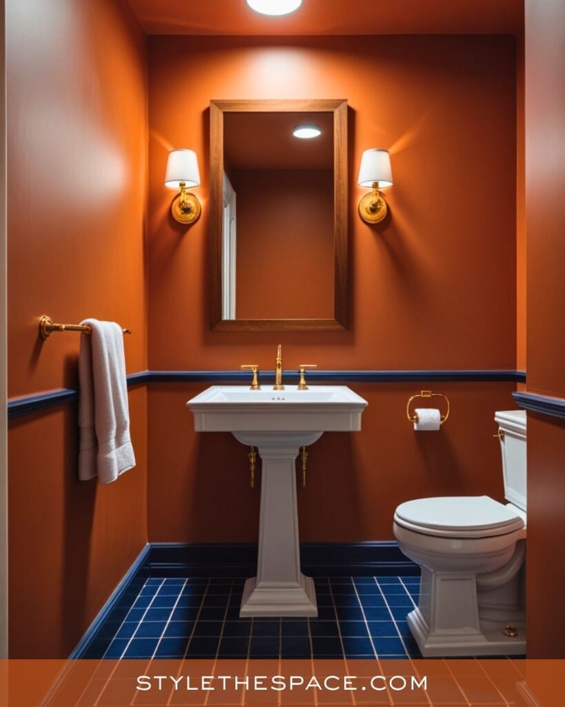 navy blue and burnt orange bathroom