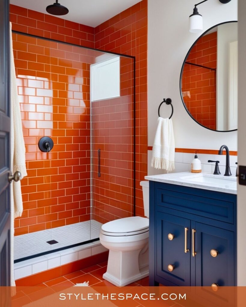 navy blue and burnt orange bathroom