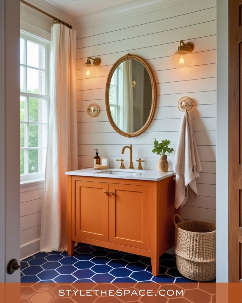 navy blue and burnt orange bathroom