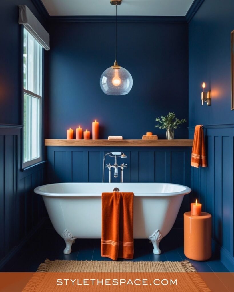 navy blue and burnt orange bathroom