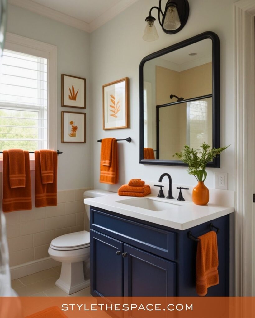 navy blue and burnt orange bathroom