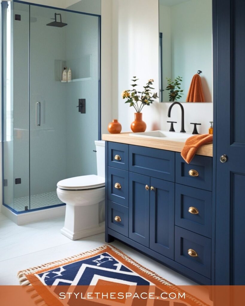 navy blue and burnt orange bathroom