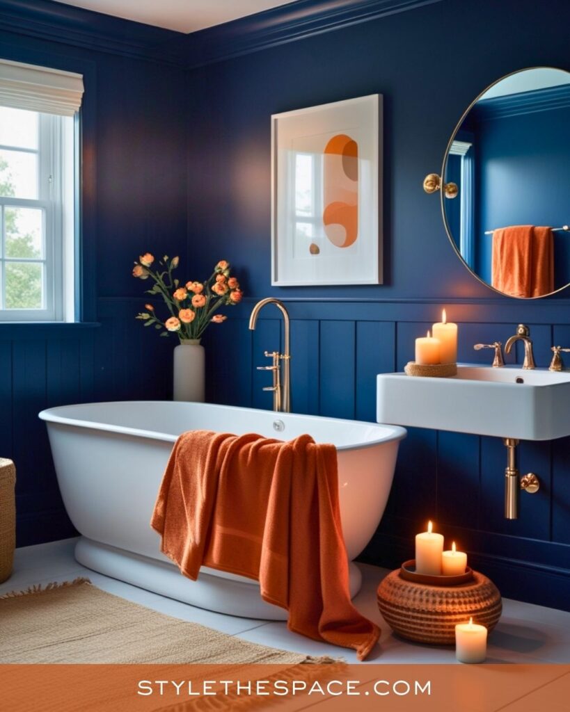navy blue and burnt orange bathroom