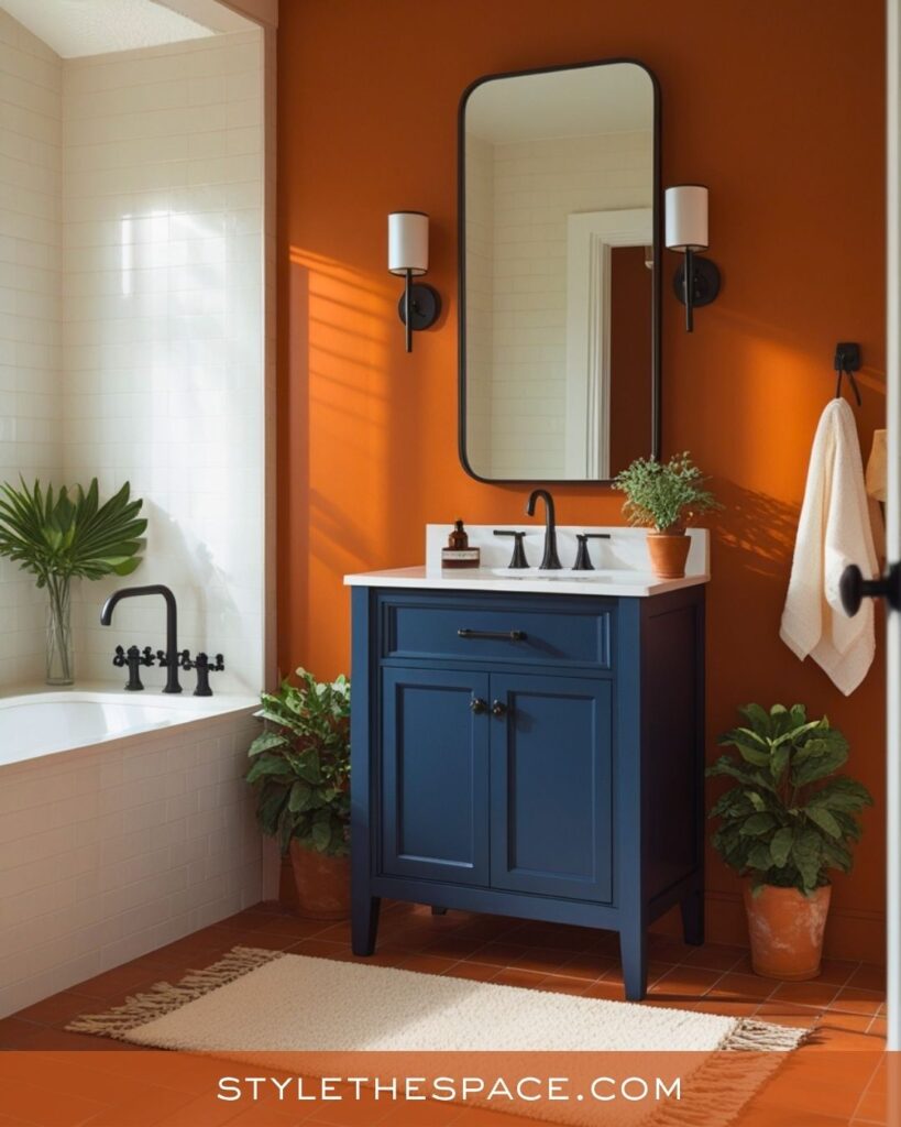 navy blue and burnt orange bathroom