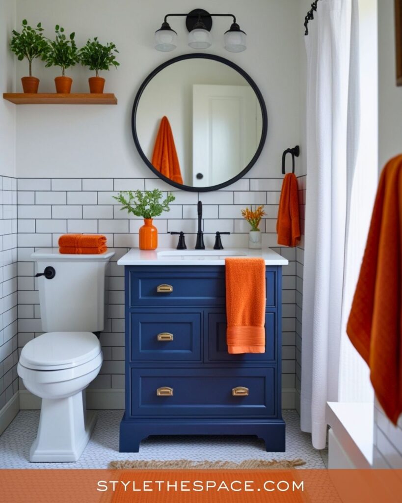 navy blue and burnt orange bathroom