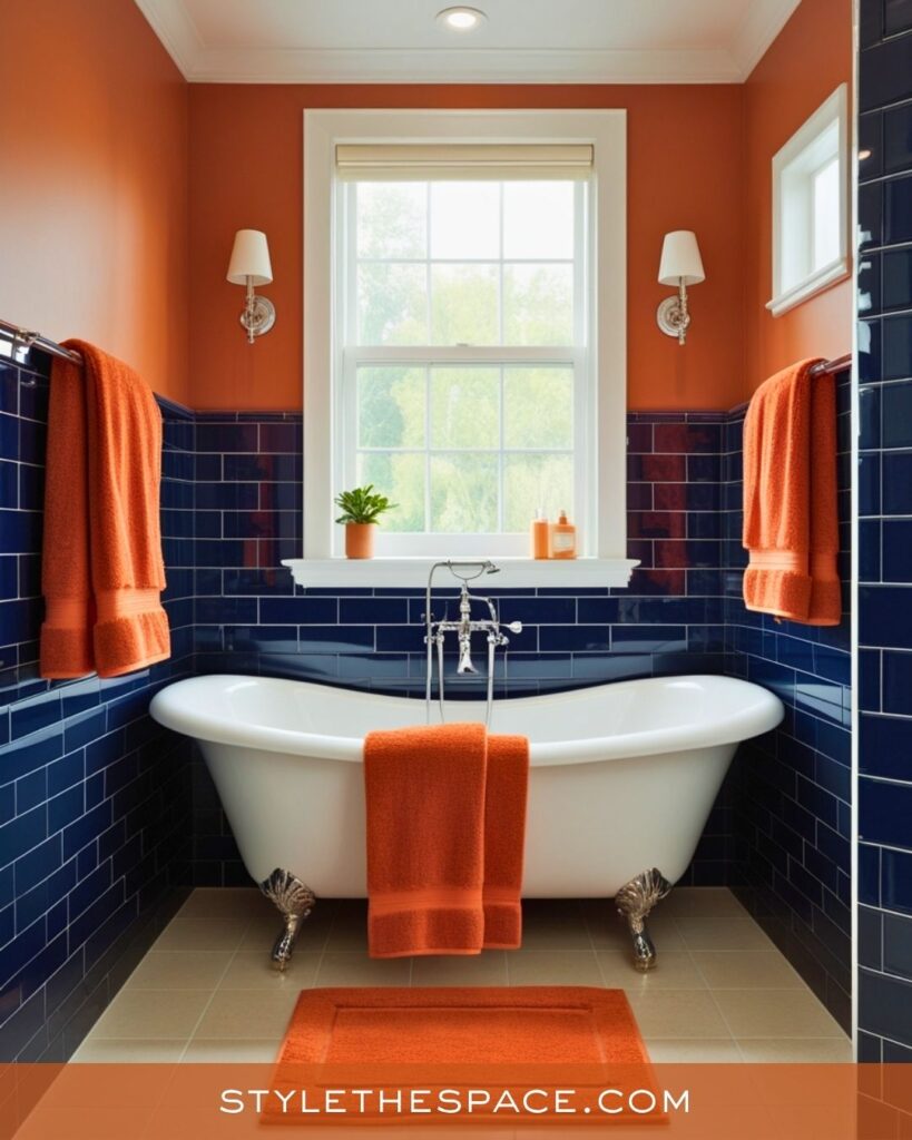 navy blue and burnt orange bathroom
