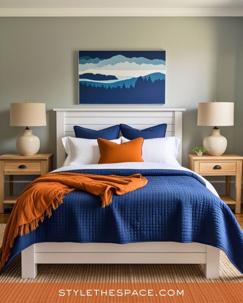 navy blue and burnt orange bedroom