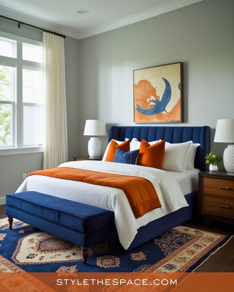 navy blue and burnt orange bedroom