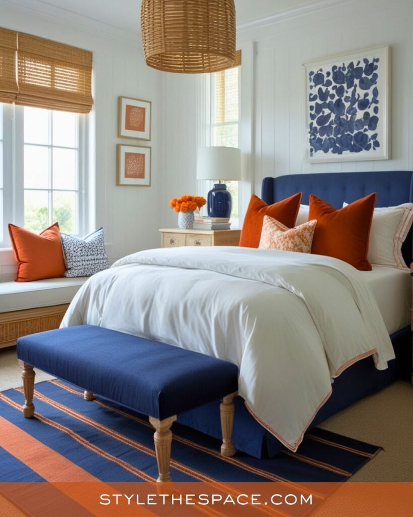 navy blue and burnt orange bedroom