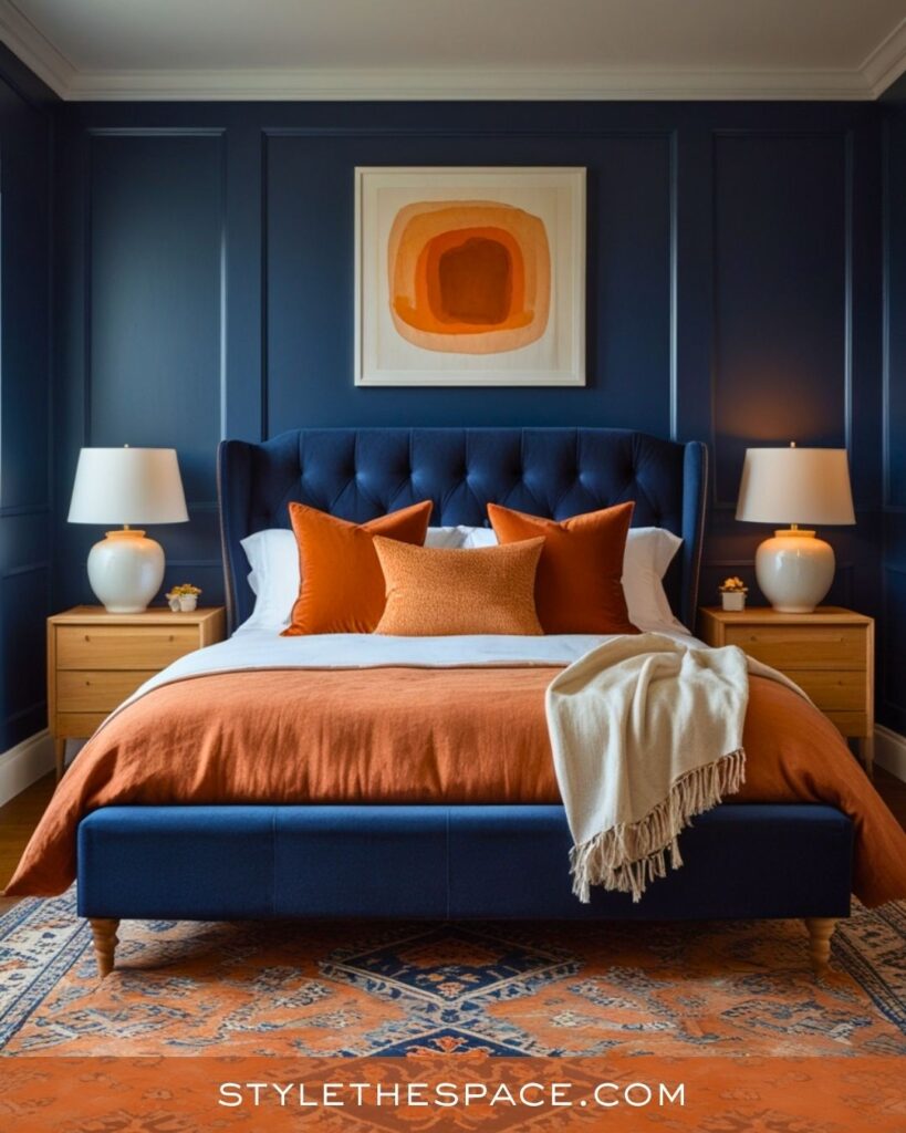 navy blue and burnt orange bedroom
