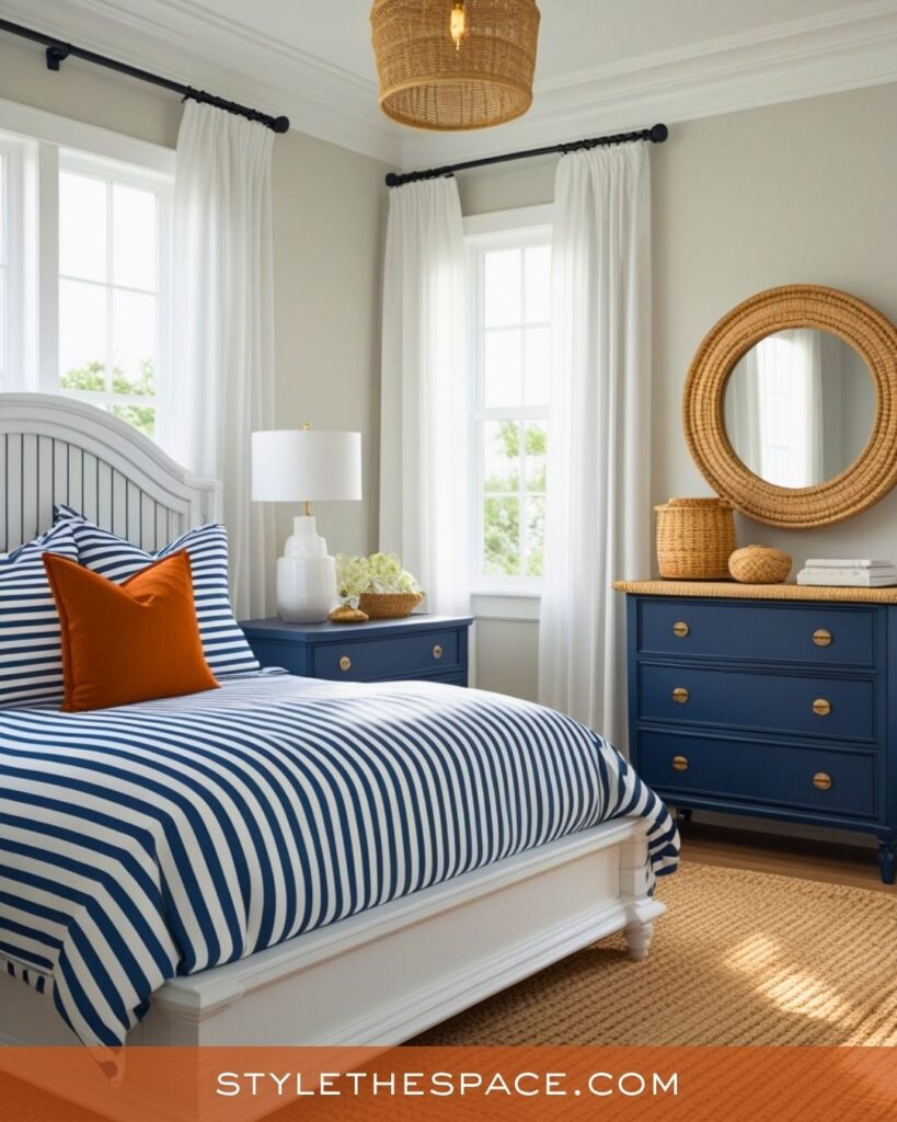 navy blue and burnt orange bedroom
