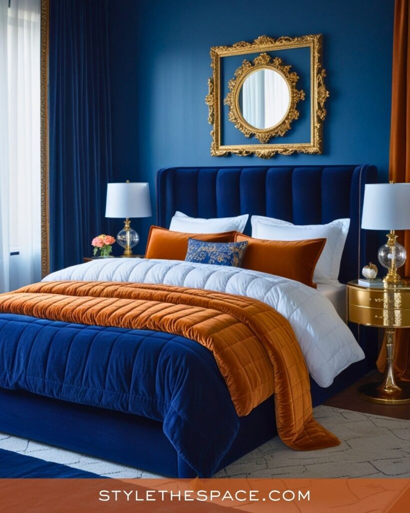navy blue and burnt orange bedroom