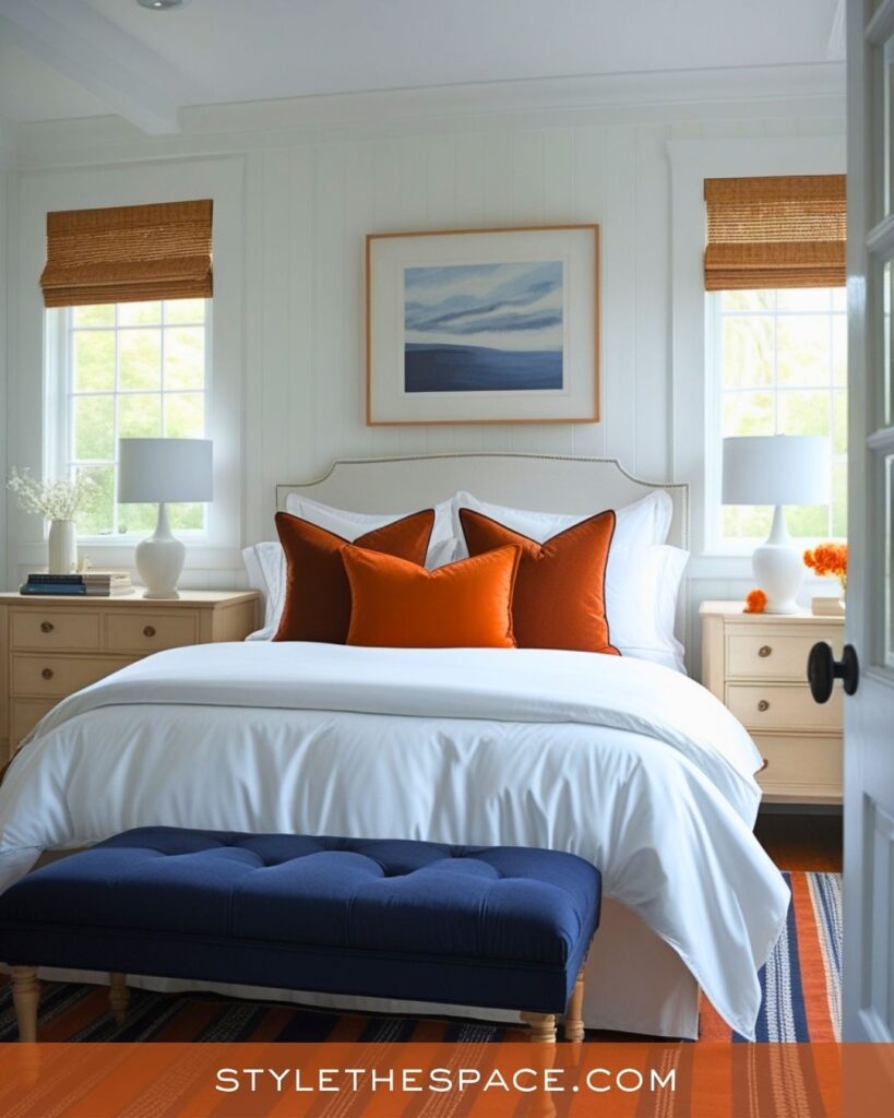 navy blue and burnt orange bedroom