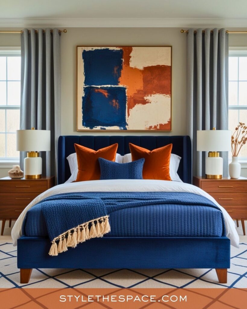 navy blue and burnt orange bedroom