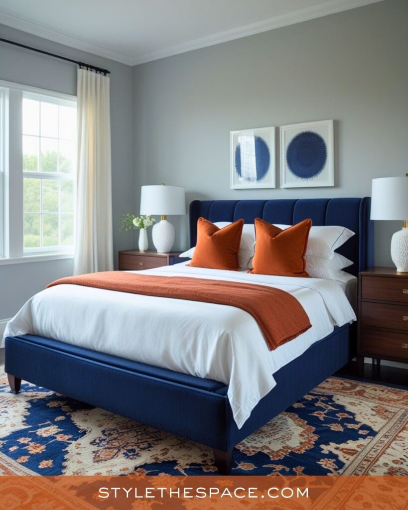 navy blue and burnt orange bedroom