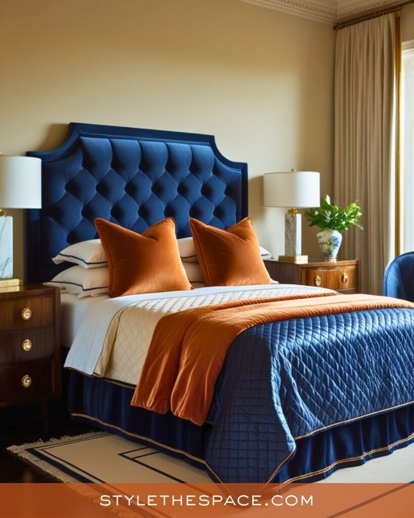 navy blue and burnt orange bedroom