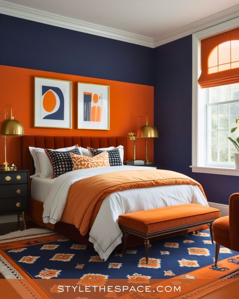 navy blue and burnt orange bedroom