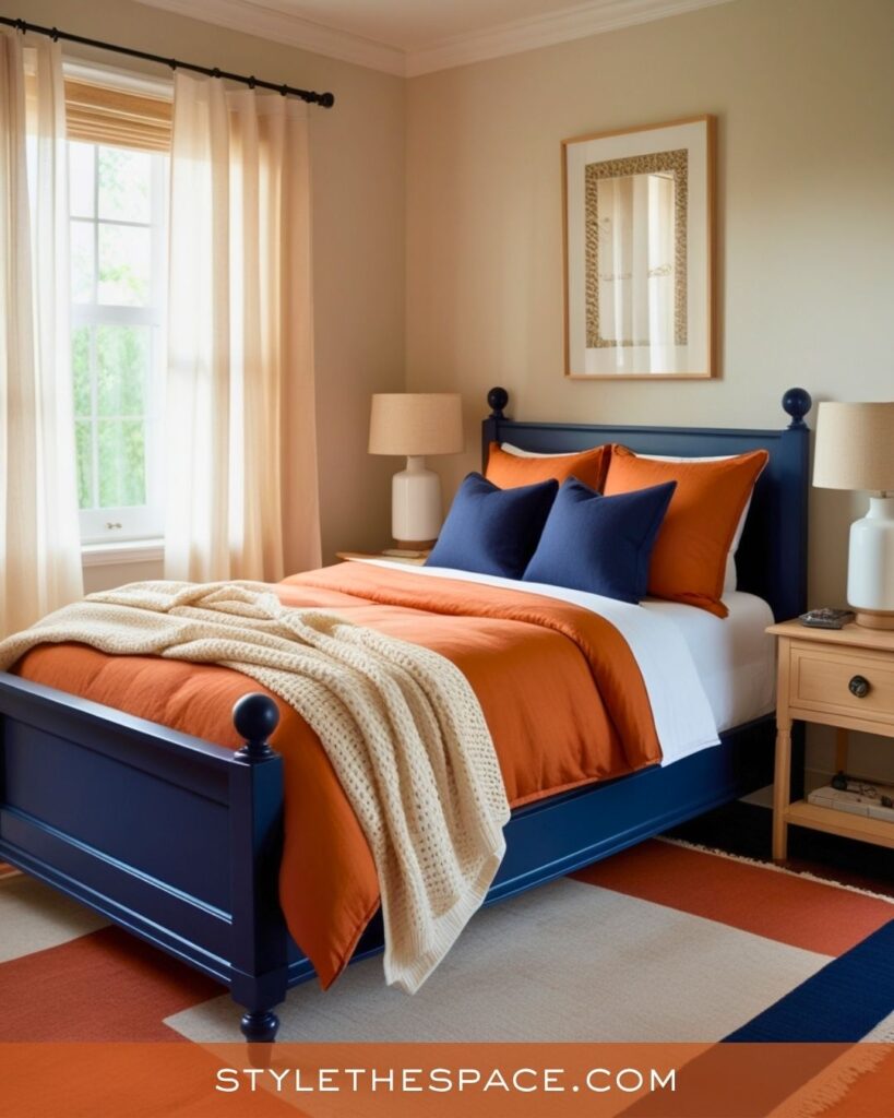 navy blue and burnt orange bedroom