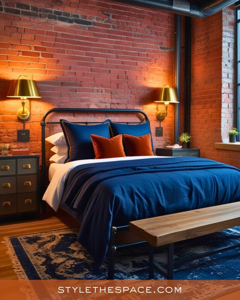 navy blue and burnt orange bedroom