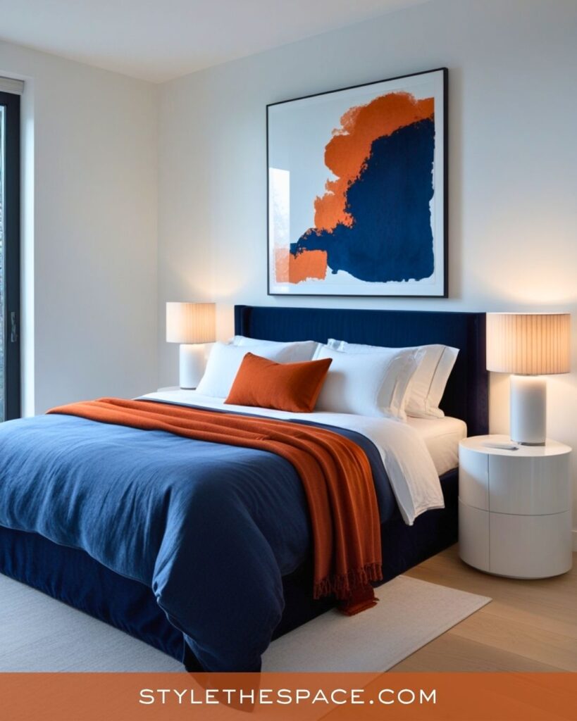 navy blue and burnt orange bedroom