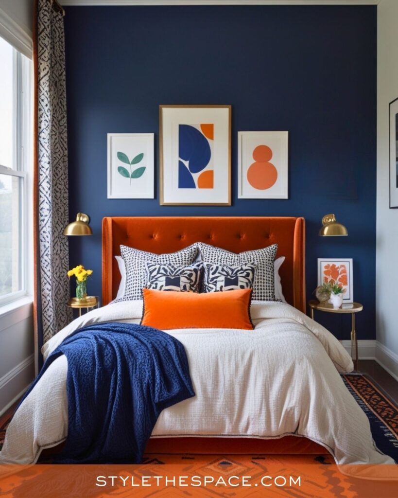 navy blue and burnt orange bedroom