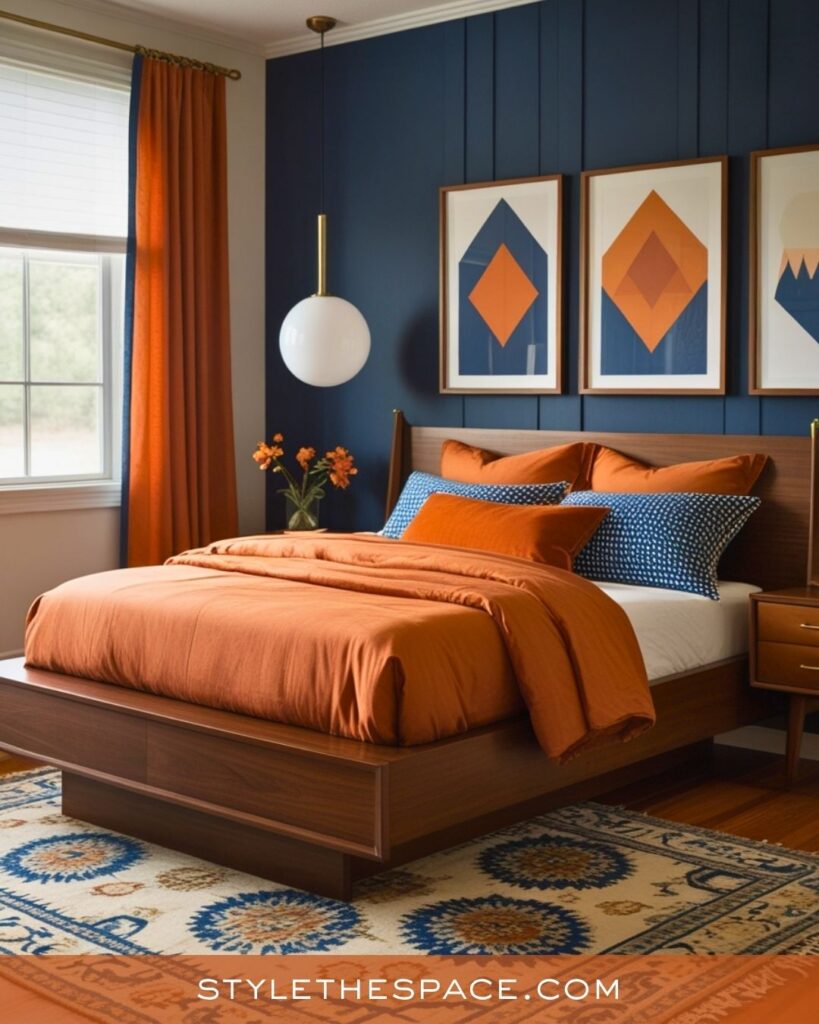 navy blue and burnt orange bedroom