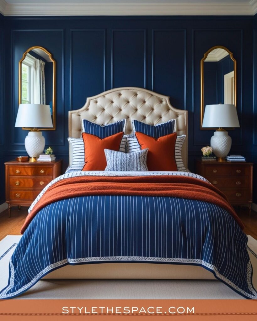 navy blue and burnt orange bedroom