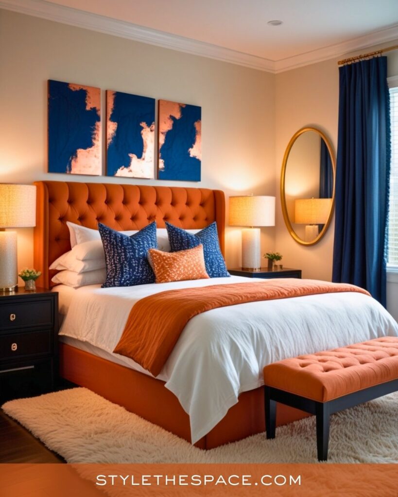 navy blue and burnt orange bedroom