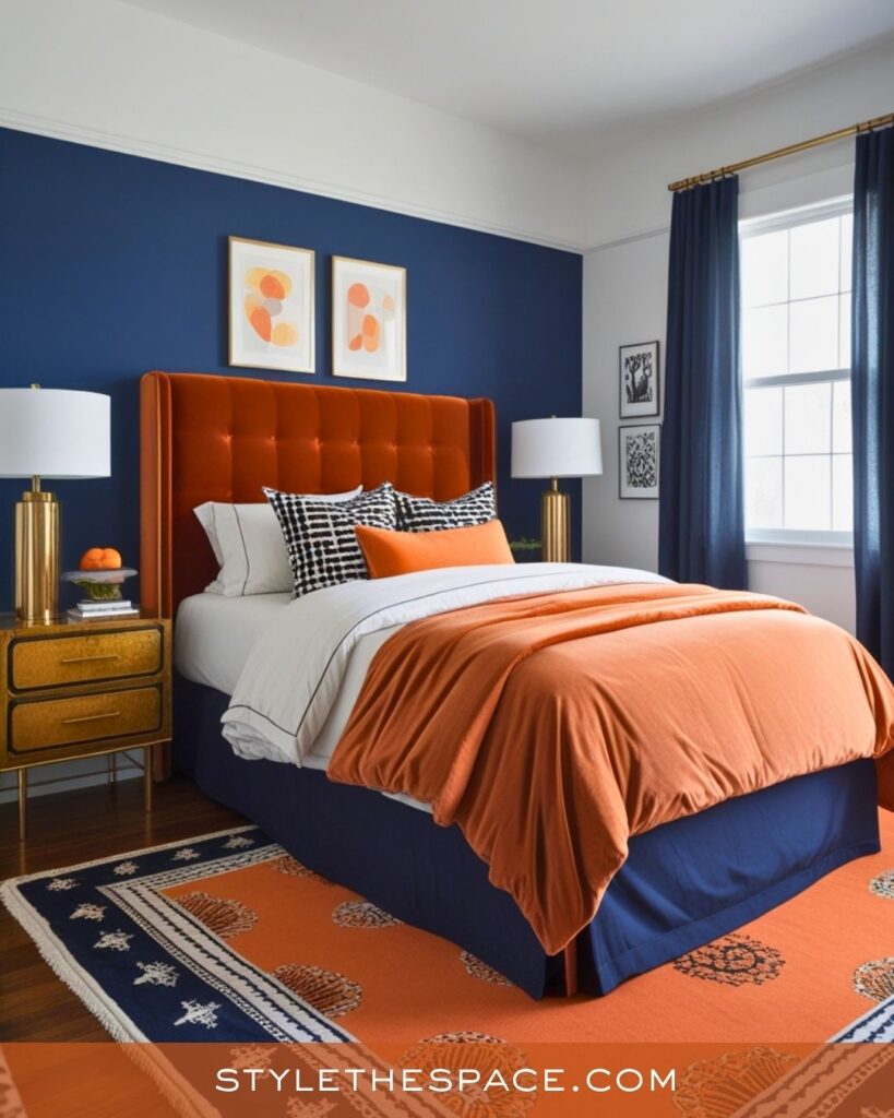 navy blue and burnt orange bedroom