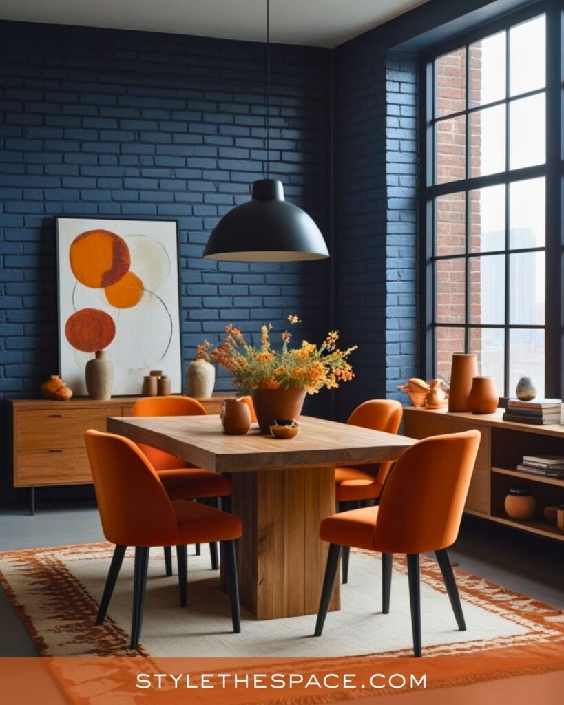 navy blue and burnt orange dining room