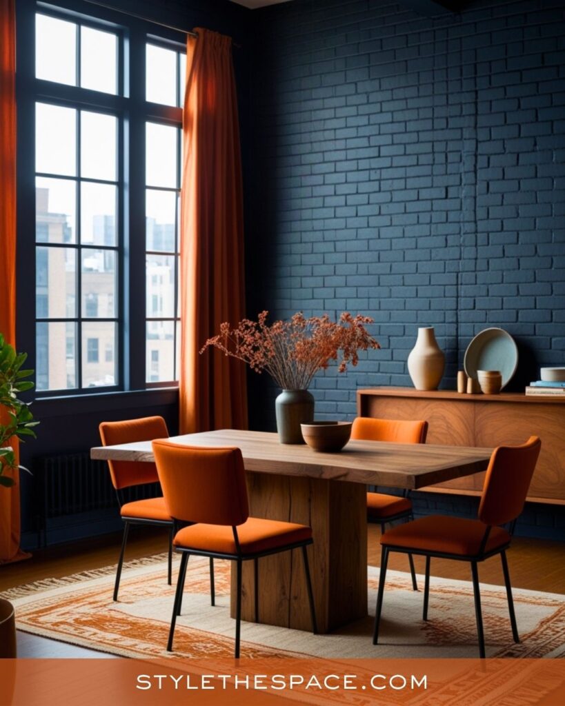 navy blue and burnt orange dining room