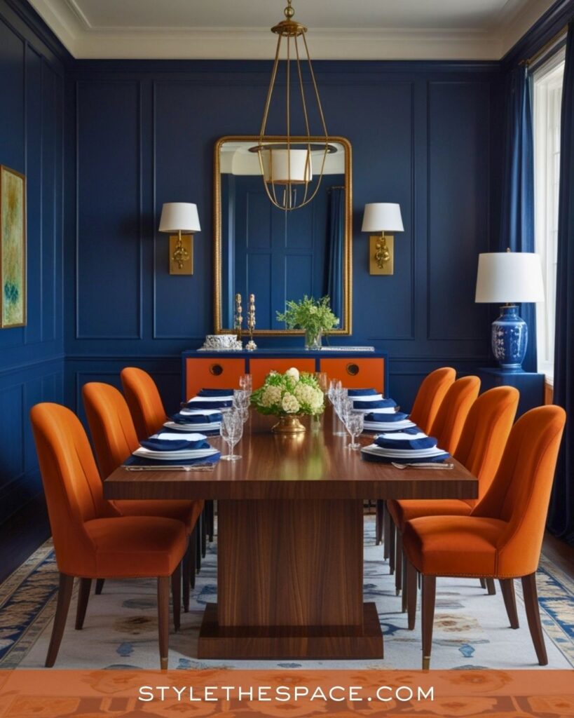 navy blue and burnt orange dining room