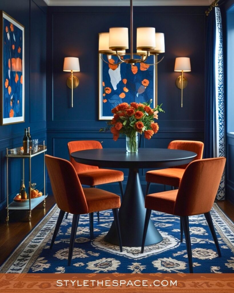 navy blue and burnt orange dining room