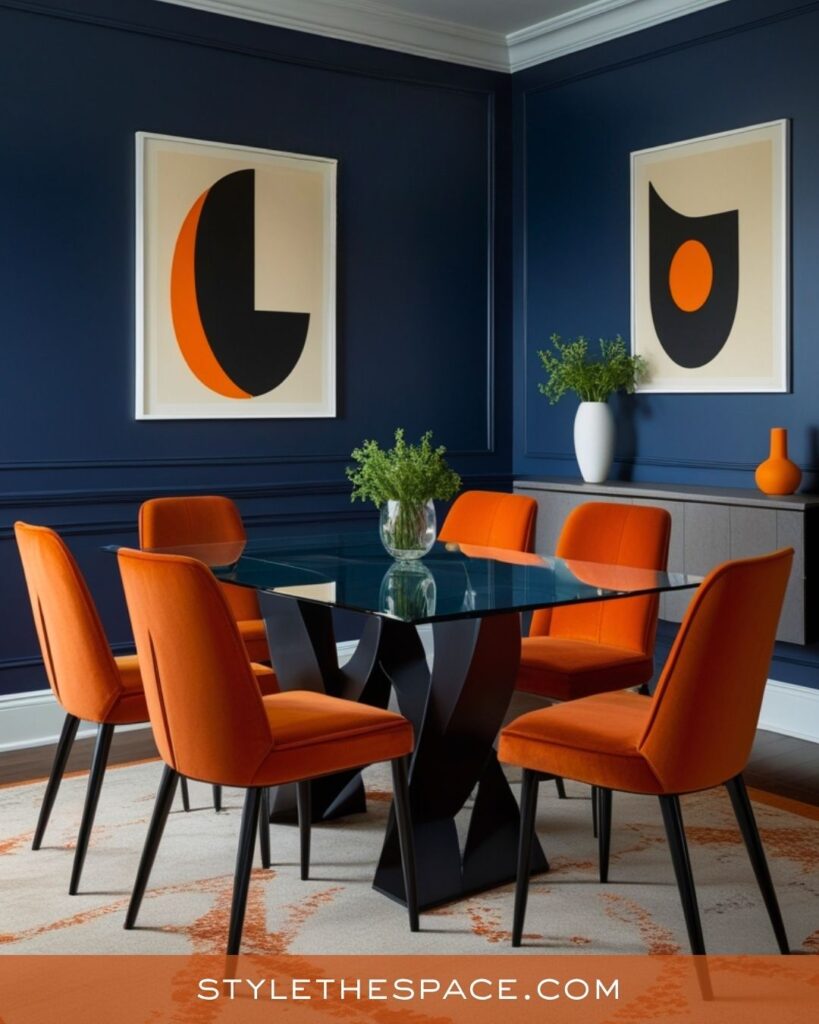 navy blue and burnt orange dining room