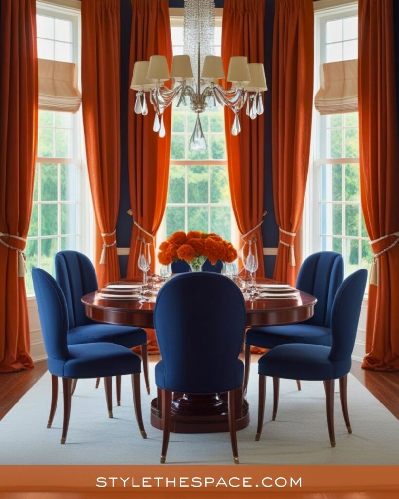 navy blue and burnt orange dining room