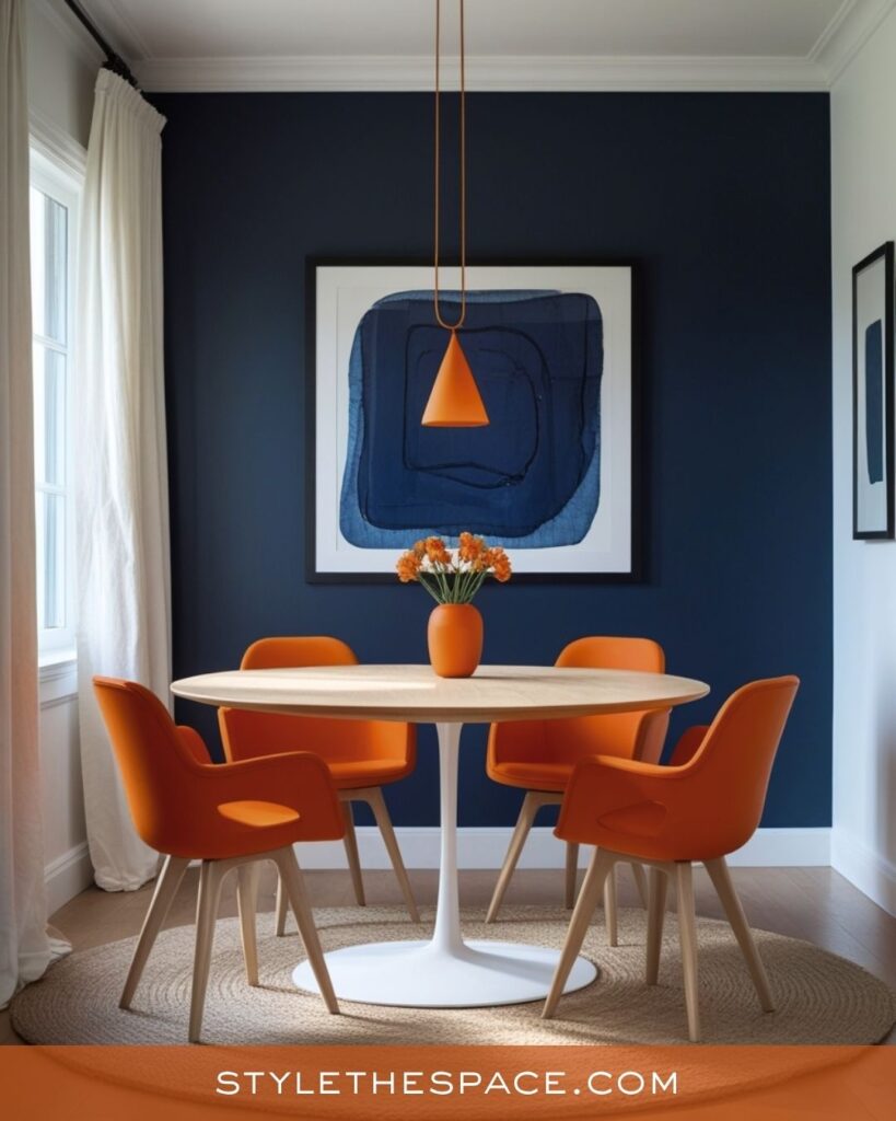 navy blue and burnt orange dining room