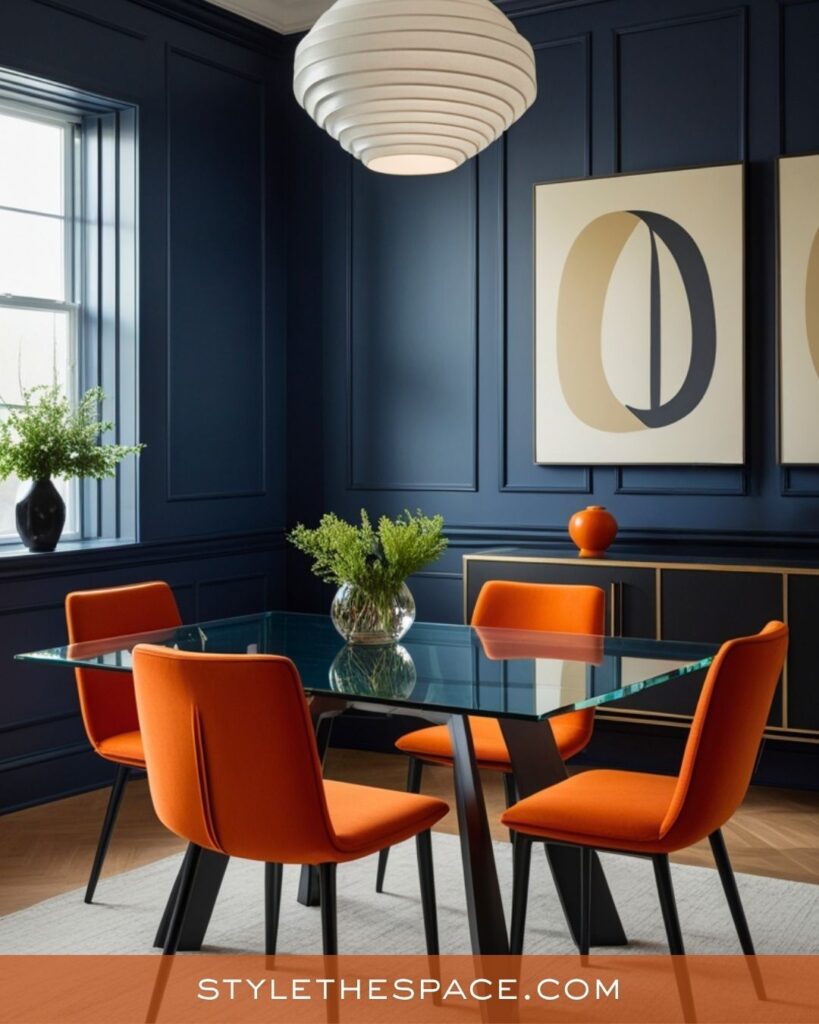 navy blue and burnt orange dining room