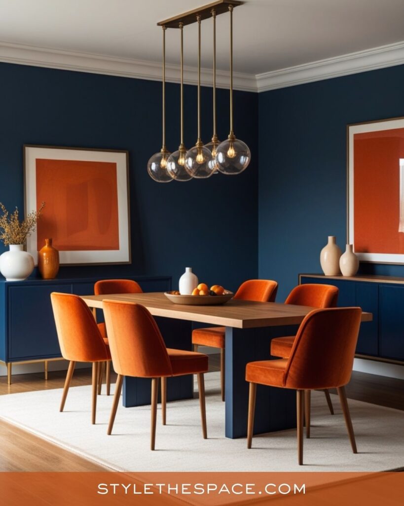 navy blue and burnt orange dining room