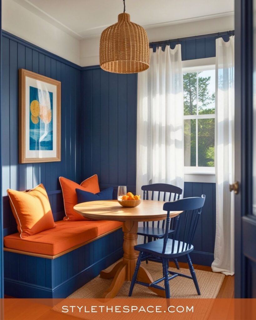 navy blue and burnt orange dining room