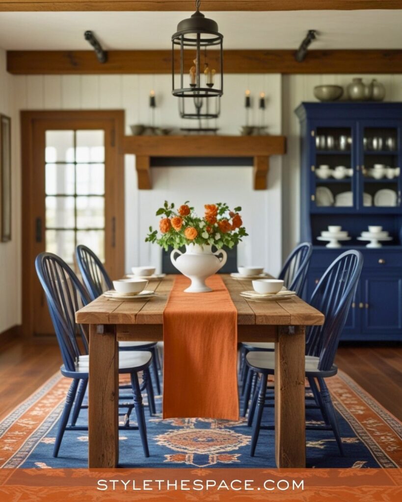 navy blue and burnt orange dining room