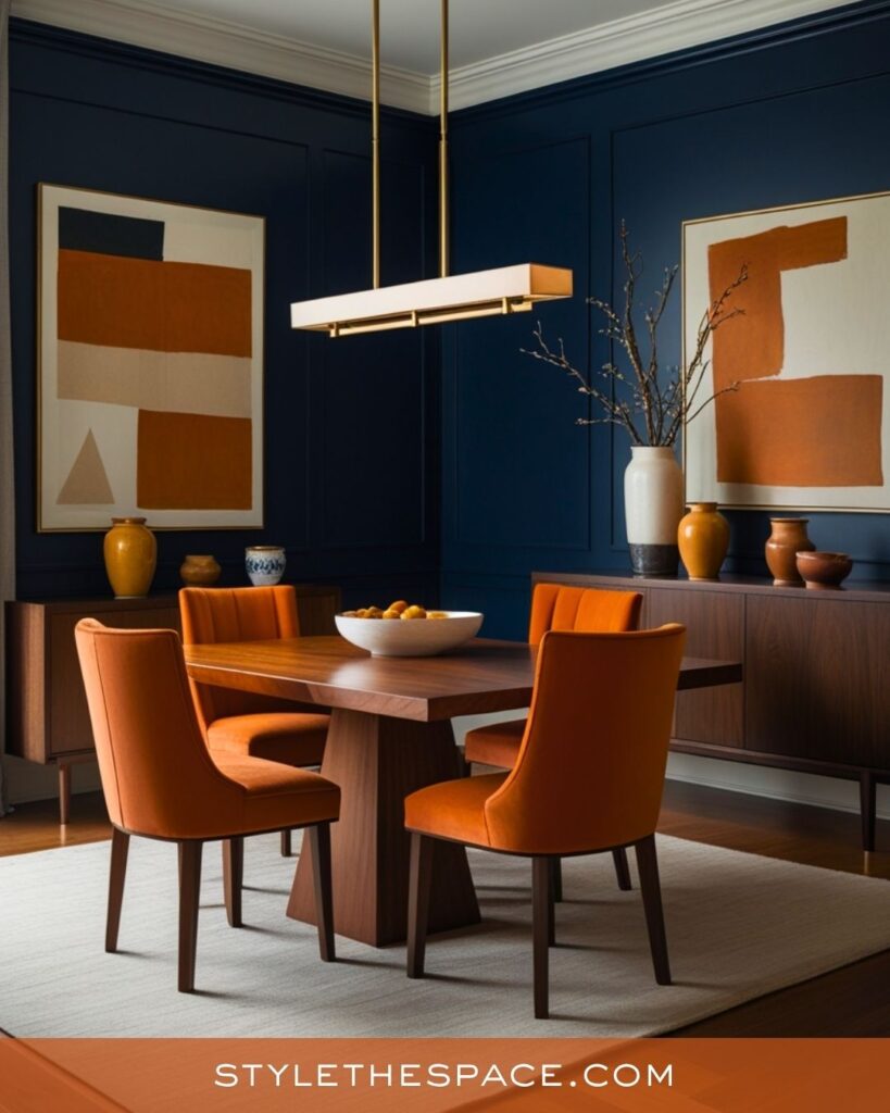 navy blue and burnt orange dining room