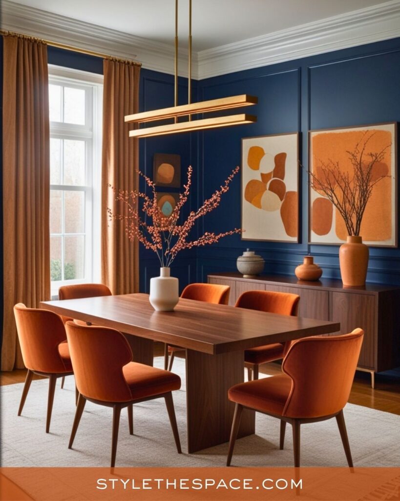 navy blue and burnt orange dining room